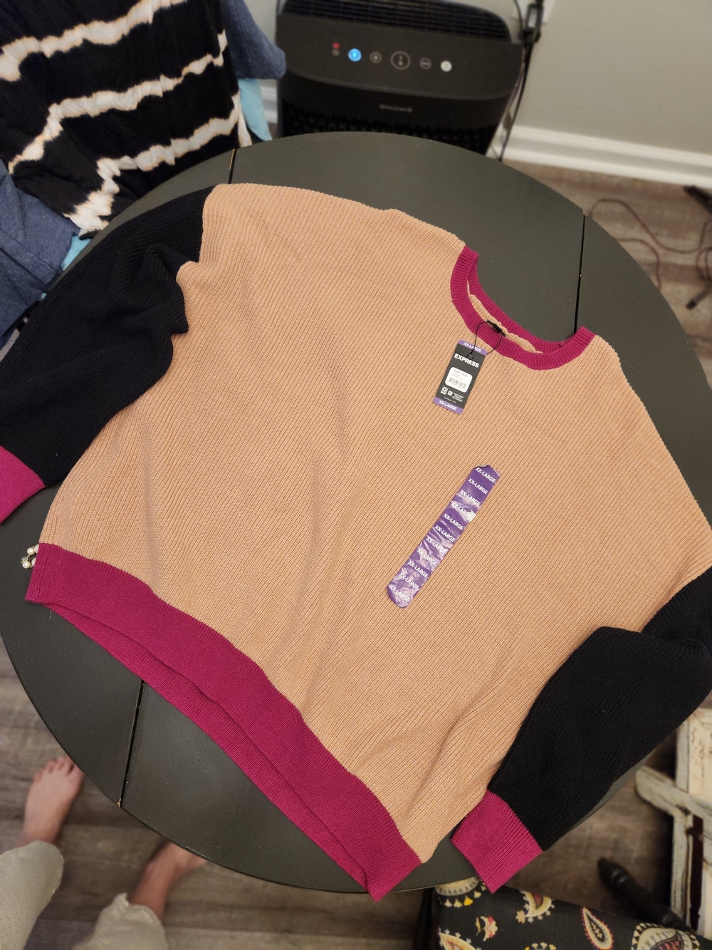 Colorblock Crewneck Sweater - Taupe with Black & Berry Trim